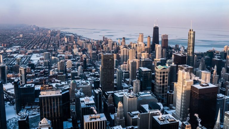 An aerial view of Chicago during the winter.